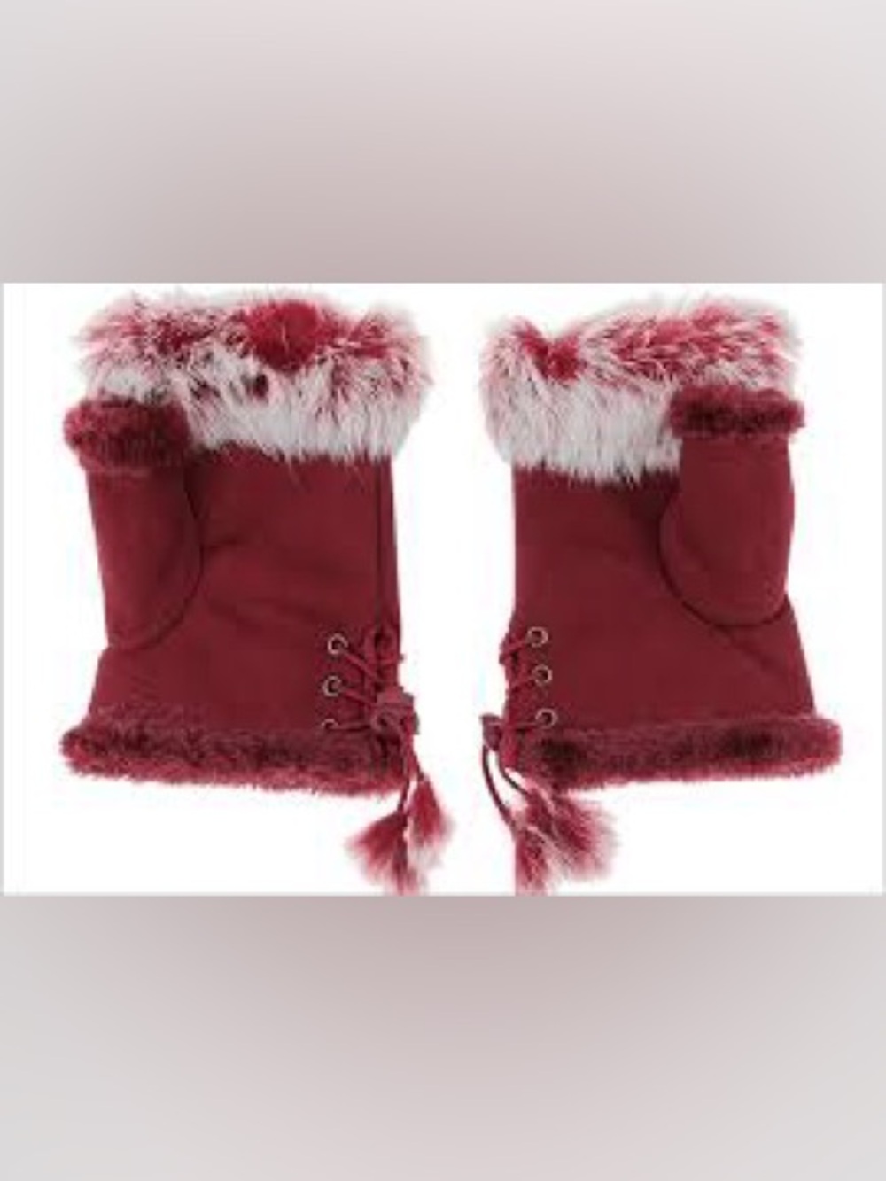 Burgundy Fingerless Gloves with Fur Trim